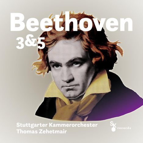 Text: "Beethoven 3&5, Stuttgarter Kammerorchester, Thomas Zehetmair." Pop-Art-Porträt von Beethoven mit gelbem Kragen.