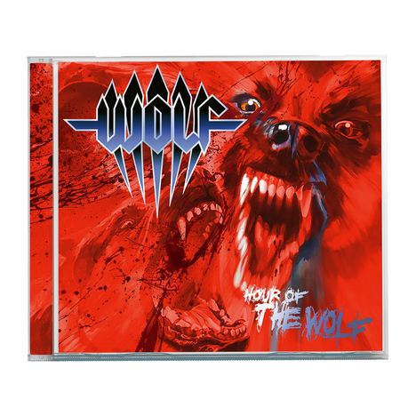 "WOLF" in blauer Schrift mit Krallen. "HOUR OF THE WOLF" in weiß. Rotes Bild von wütenden Wölfen.