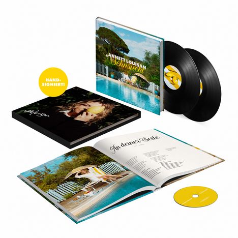Text: „HAND-SIGNIERT!“, „AN DEINER SEITE“. Zwei Schallplatten, ein Buch mit Poolbild und gelbe CD.