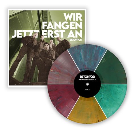 Ein Plattencover mit "WIR FANGEN JETZT ERST AN" von "BETONTOD" und eine Vinyl-Schallplatte in bunten Segmenten.