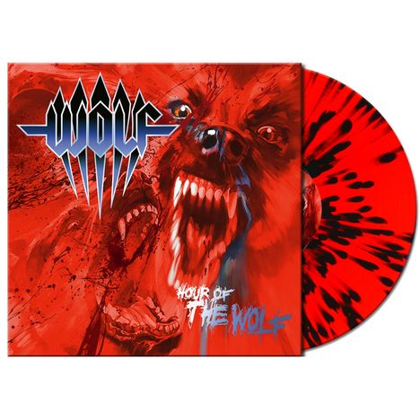 Texte: "WOLF", "HOUR OF THE WOLF". Illustration eines aggressiv aussehenden Wolfes, rot-schwarze, gesprenkelte Vinylplatte.
