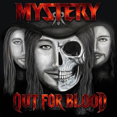 "MYSTERY" oben, "OUT FOR BLOOD" unten. Illustration: drei Gesichter, das mittlere halb Skelett, halb Mensch.