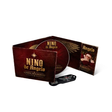 „Nino de Angelo“ und „Schöne Bescherung“ auf rotem Hintergrund, CD-Hülle und Buch, weihnachtliches Thema.