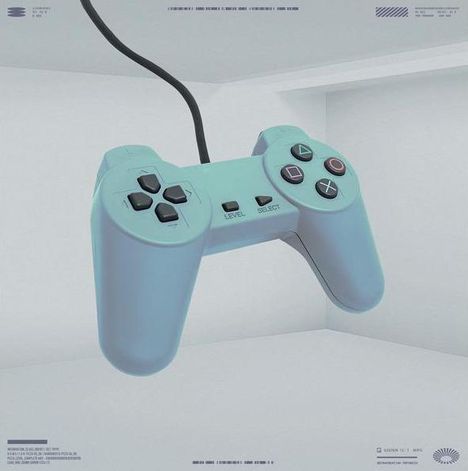 Ein blauer Controller hängt in einem leeren Raum. Texte: "LEVEL" und "SELECT".
