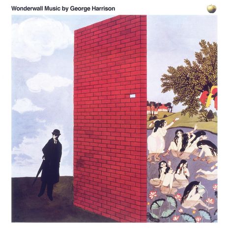 Oben steht: "Wonderwall Music by George Harrison". Links ein Mann vor einer Backsteinmauer, rechts badende Frauen.