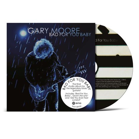 "Gary Moore - Bad for You Baby", Gitarre spielende Figur im Regen beleuchtet von einem Scheinwerfer. CD teils sichtbar.