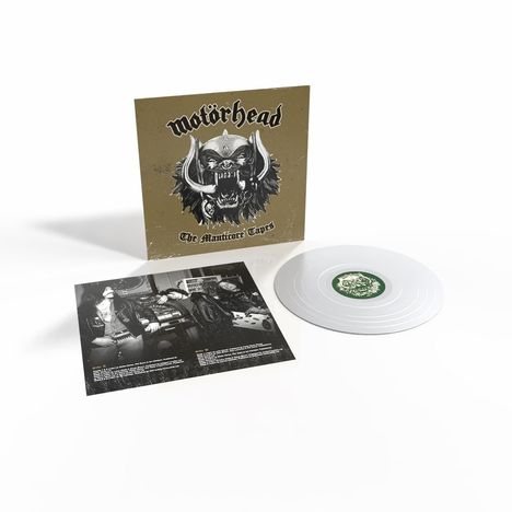 "motörhead" und "The Manticore Tapes" in vintage Stil. Ein wildes Logo auf Plattencover, dazugehörige weiße Vinylschallplatte.