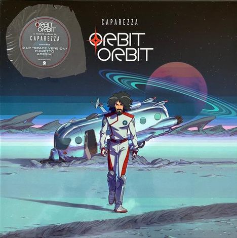 "Caparezza ORBIT ORBIT." Ein Astronaut läuft vor einem Raumschiff, Saturn im Hintergrund. Sci-Fi-Illustration.