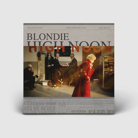 Text: "BLONDIE HIGH NOON" und Datum "FRIDAY, FEBRUARY 26, 2027". Menschen in einem Raum; eine Person trägt roten Mantel.