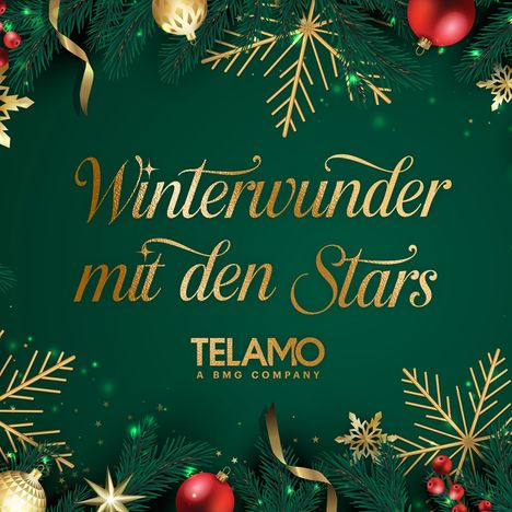 Goldene Texte: "Winterwunder mit den Stars", "TELAMO, A BMG Company". Hintergrund mit grünen Zweigen und festlichen Dekorationen.