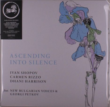 Text auf hellblauem Hintergrund: "ASCENDING INTO SILENCE" von Ivan Shopov. Zeichnung einer stilisierten Blume.