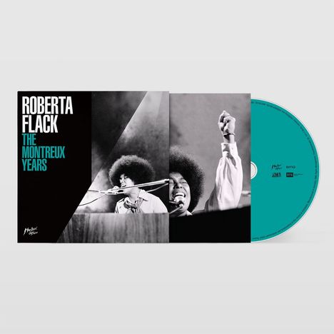 "ROBERTA FLACK THE MONTREUX YEARS" in weiß und blau auf schwarzem Hintergrund. Schwarz-weiß Fotos einer singenden Frau.