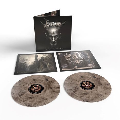 „Venom“, „In Nomine Satanas“. Zwei Platten mit dunklem, marmorierten Design, beunruhigende Kunstbilder.
