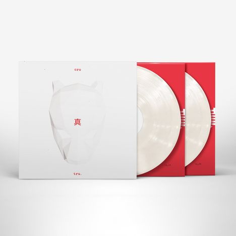 Zwei weiße Schallplatten, Albumcover mit geometrischem Tierkopf, roter Text: "cro", "tru". Roter Hintergrund bei Platten.