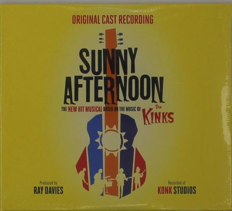 "Sunny Afternoon" Original Cast Recording. Gelbes Cover mit Gitarren- und Band-Silhouetten in britischen Farben.