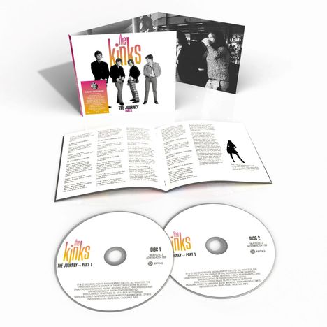 Zwei CDs mit Aufschrift "the kinks THE JOURNEY PART 1". Dazu ein aufgeschlagenes Booklet mit Fließtext und Coverbild.