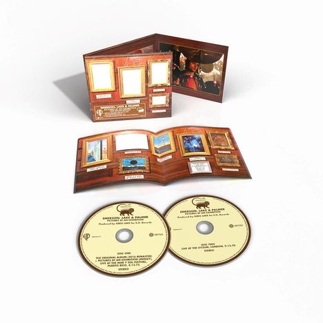 "Emerson, Lake & Palmer - Pictures at an Exhibition", zwei CDs und ein geöffnetes Booklet mit Miniatur-Gemälden.