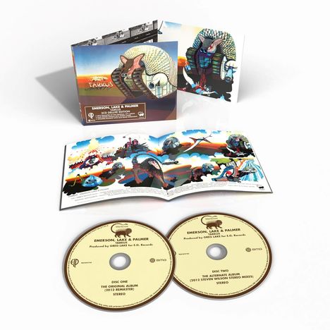"Emerson, Lake & Palmer, Tarkus, 2CD Deluxe Edition." Illustration: Ein Panzertier auf einem Schlachtfeld. Zwei CDs unten.