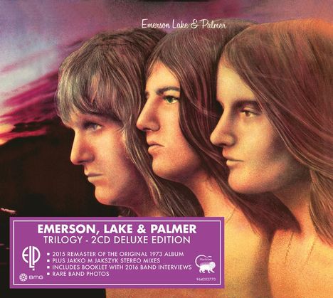 Text: "EMERSON, LAKE & PALMER TRILOGY - 2CD DELUXE EDITION". Illustration mit drei nebeneinanderstehenden Gesichtern.