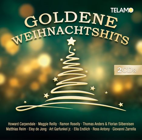 "Goldene Weihnachtshits", 2-CDs-Set, stilisierter goldener Weihnachtsbaum, Namen von Musikern unten.