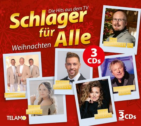 „Die Hits aus dem TV - Schlager für Alle: Weihnachten, 3 CDs.“ Fotos von Künstlern mit rotem, festlichem Hintergrund.