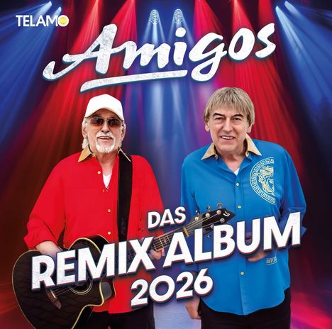Amigos: Das Remix Album 2026. Zwei Männer mit Gitarren, Bühnenlichter in Blau und Rot.