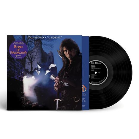 "Clannad – Legend," "Robin of Sherwood." Cover mit Mann, Bogenschütze, Burg und weißen Tauben; daneben eine Schallplatte.