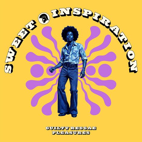 „SWEET INSPIRATION“ oben, „GUILTY REGGAE PLEASURES“ unten. Ein Tänzer in Blau vor gelbem Hintergrund mit lila Formen.