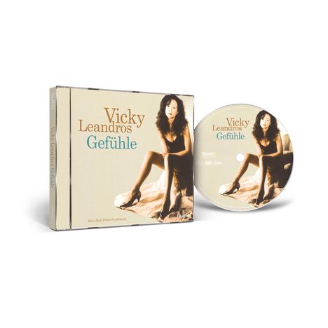 "Vicky Leandros Gefühle" steht auf einer CD-Hülle und Disk. Beide zeigen eine Frau in einem schwarzen Kleid.