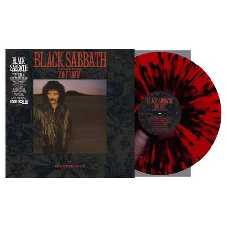 "Black Sabbath featuring Tony Iommi" in roter Schrift, schwarzes Cover, Portrait von Mann in Lederjacke, rot-schwarz gemusterte Vinyl.