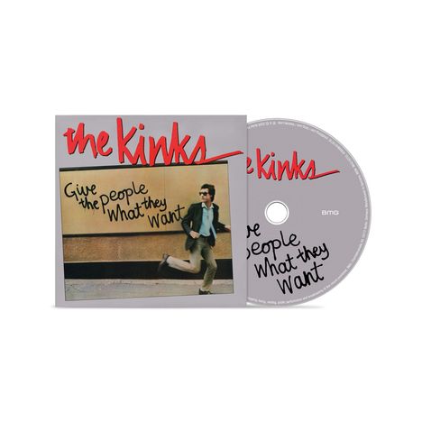 "The Kinks" und "Give the People What They Want". Ein Mann in Anzug rennt vor einer Wand. CD und Cover sichtbar.