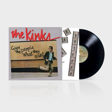 Text: "the Kinks" in Rot, "Give the people what they want" auf einer Wand. Eine Schallplatte ist zu sehen.