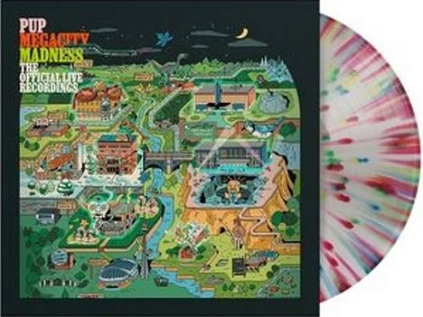 Logo mit Text "PUP Megacity Madness The Official Live Recordings". Bunte, detaillierte Karte einer Fantasystadt.