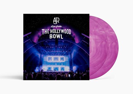 Text: "AJR live from The Hollywood Bowl". Eine Bühne in Blau-Lila mit Publikum, zwei lilafarbene Schallplatten.