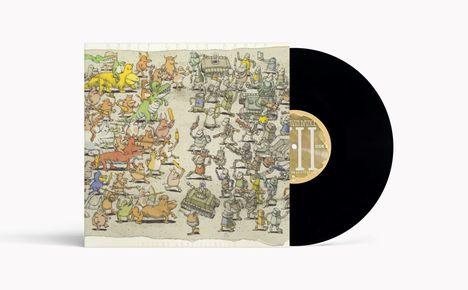 "Instant Gratification" oben und "Dance Gavin Dance II Side B" auf schwarzer Vinyl. Illustration mit Tieren und Robotern.