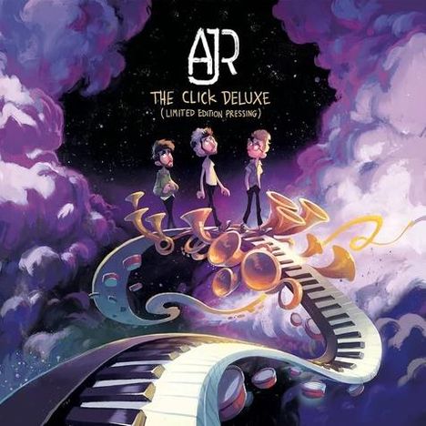 "AJR. THE CLICK DELUXE (LIMITED EDITION PRESSING)." Drei Personen auf surrealer Klavier-Treppe in Wolken.