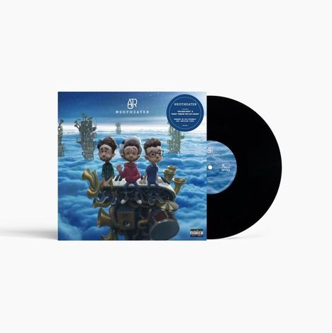 "NEOTHEATER" oben mit Illustration von drei Personen auf Wolken, umgeben von Instrumenten, Vinyl-Schallplatte daneben.