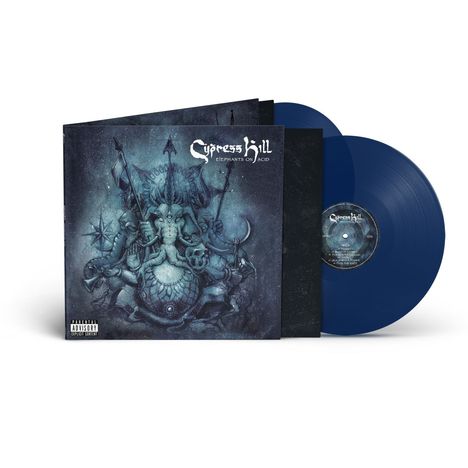 "Cypress Hill - Elephants on Acid". Eine blaue Schallplatte mit einem mystischen, detaillierten Cover.