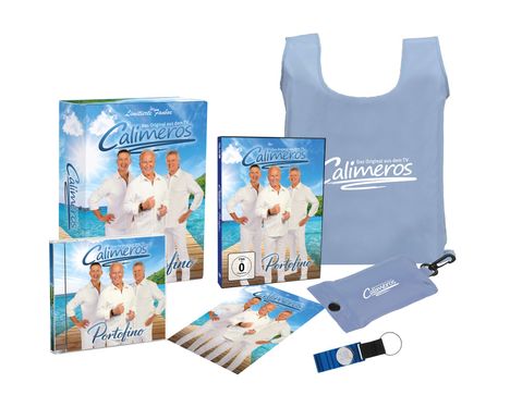 Text: "Limitiertes Fanbox", "Das Original aus dem TV", "Calimeros", "Portofino". Verpackungen mit drei Männern in Weiß.