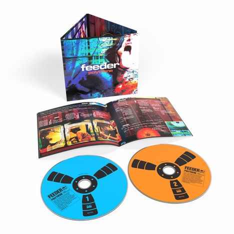 Text: "feeder," "polythene." Zwei CDs, eine blau, eine orange, mit Booklet und Verpackung in buntem, künstlerischem Design.
