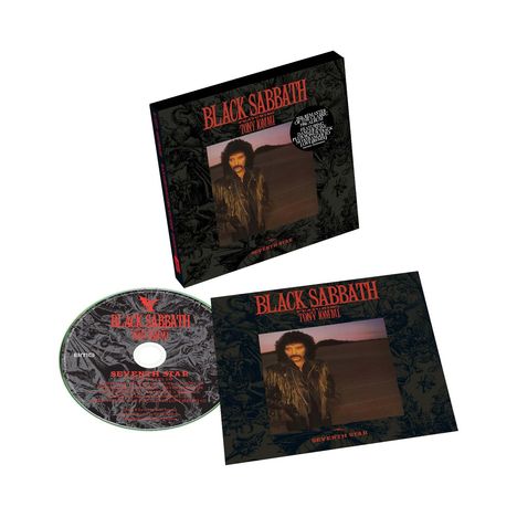 "BLACK SABBATH featuring TONY IOMMI" in roter Schrift mit Album "SEVENTH STAR". CD und Cover mit einem Mann in Lederjacke.