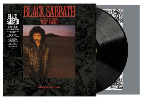 „Black Sabbath featuring Tony Iommi - Seventh Star.“ Links Albumdetails, rechts Portrait von Mann mit Locken und Schnurrbart.