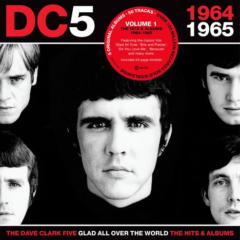 Oben "DC5", rechts "1964 1965". Rotes Siegel mit Albumdetails. Porträts von fünf Männern in Schwarz-Weiß.