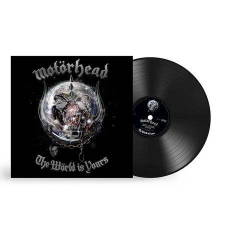 „Motörhead“ und „The Wörld is Yours“. Illustration: Totenkopf mit Hörnern über einer Erde, schwarze Schallplatte.