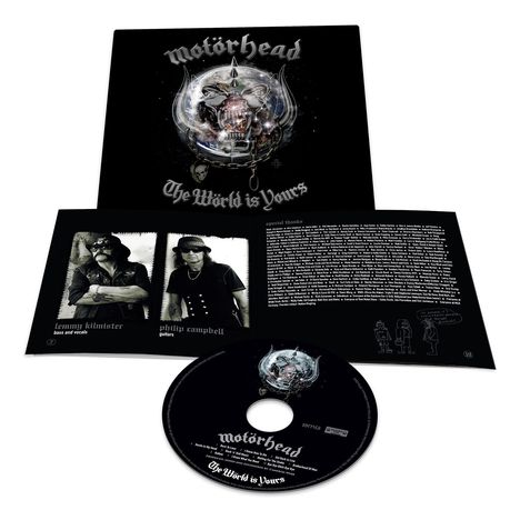 Logo von Motörhead, "The Wörld is Yours", Porträts von Lemmy Kilmister und Philip Campbell, dazu Dankesworte.