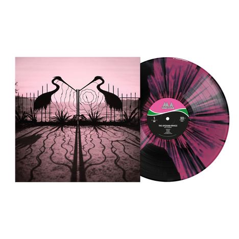 Schallplatte und Cover: "The Afghan Whigs". Gate mit Kranich-Silhouetten, rosa Himmel. Vinyl in Schwarz-Pink.