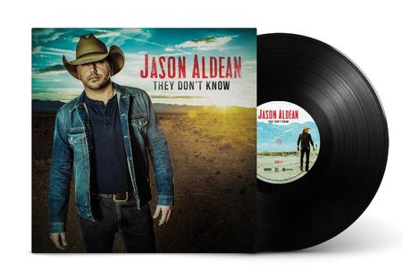 "Jason Aldean, They Don't Know." Albumcover mit Mann in Cowboyhut und Hintergrundlandschaft, daneben eine Schallplatte.