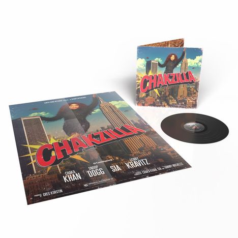 Text "CHAKZILLA" in großen, roten Buchstaben über einer Stadtlandschaft; eine riesige Frau im Hintergrund.