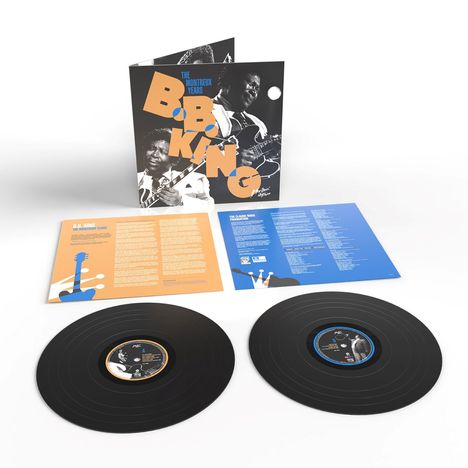 Text: "The Montreux Years B.B. King". Plattencover und zwei Schallplatten sichtbar. Schwarz-weiße Bilder eines Gitarristen.