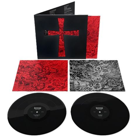Albumcover und Schallplatten der Band Iommi. Schwarzes Kreuziertmotiv mit roten und schwarzen Kunstwerken.
